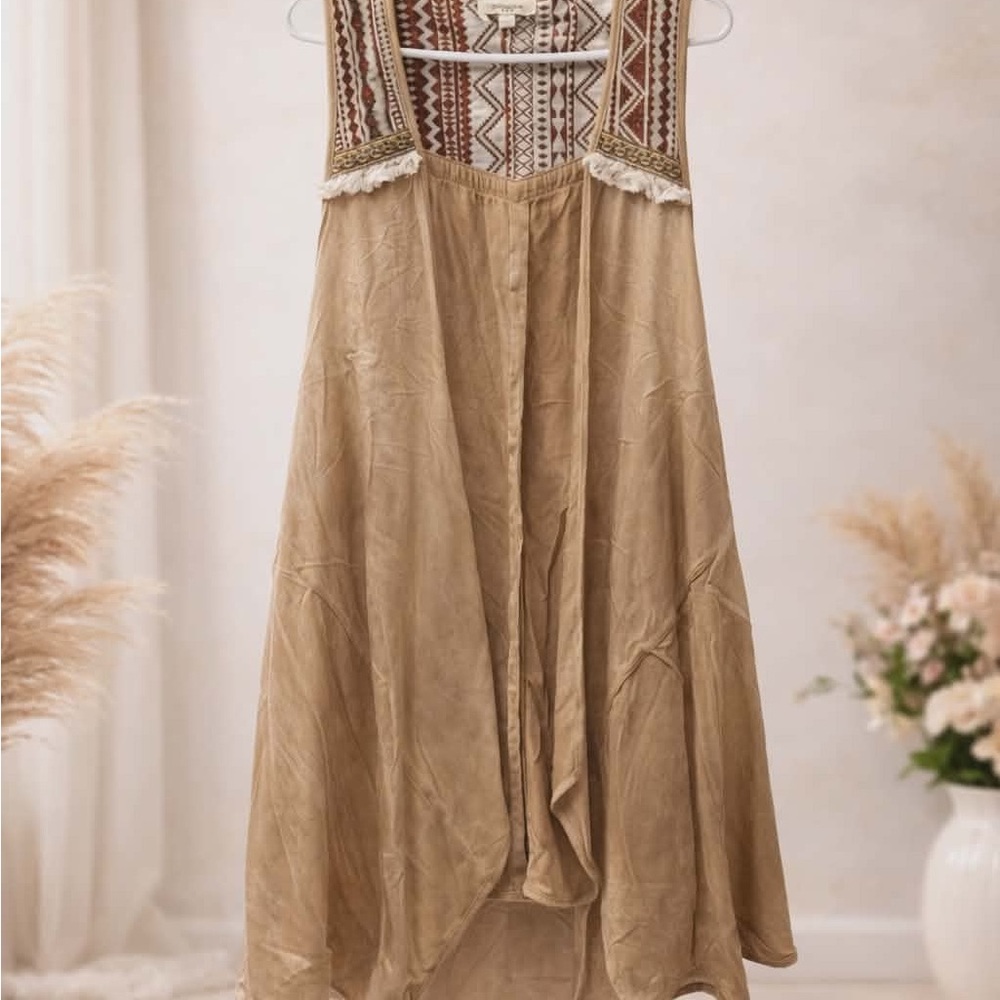 Umgee Tan Embroidered High-Low Boho Long Vest.